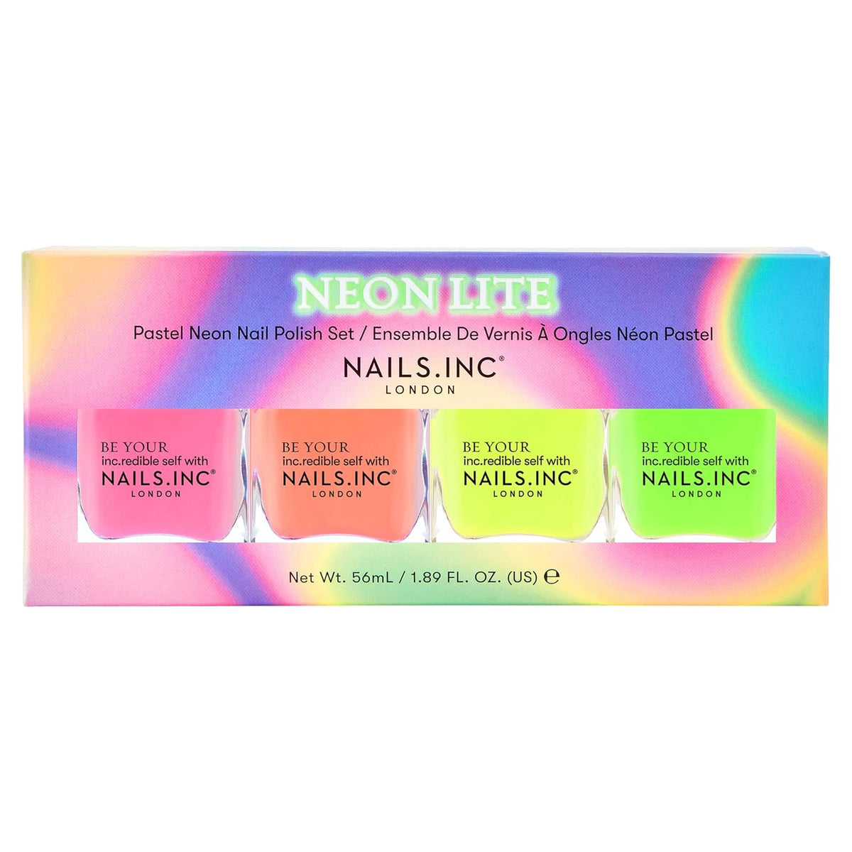 Nails Inc Neon Lite Nail Polish Quad, Neon Glow Enhancing Shades, Fast Drying, Long Lasting, Chip