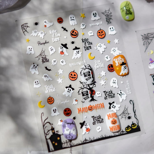 1 Sheet Halloween Nail Stickers 3D Self-Adhesive Cute Ghost Haunted House Nail Art Stickers Pumpkin