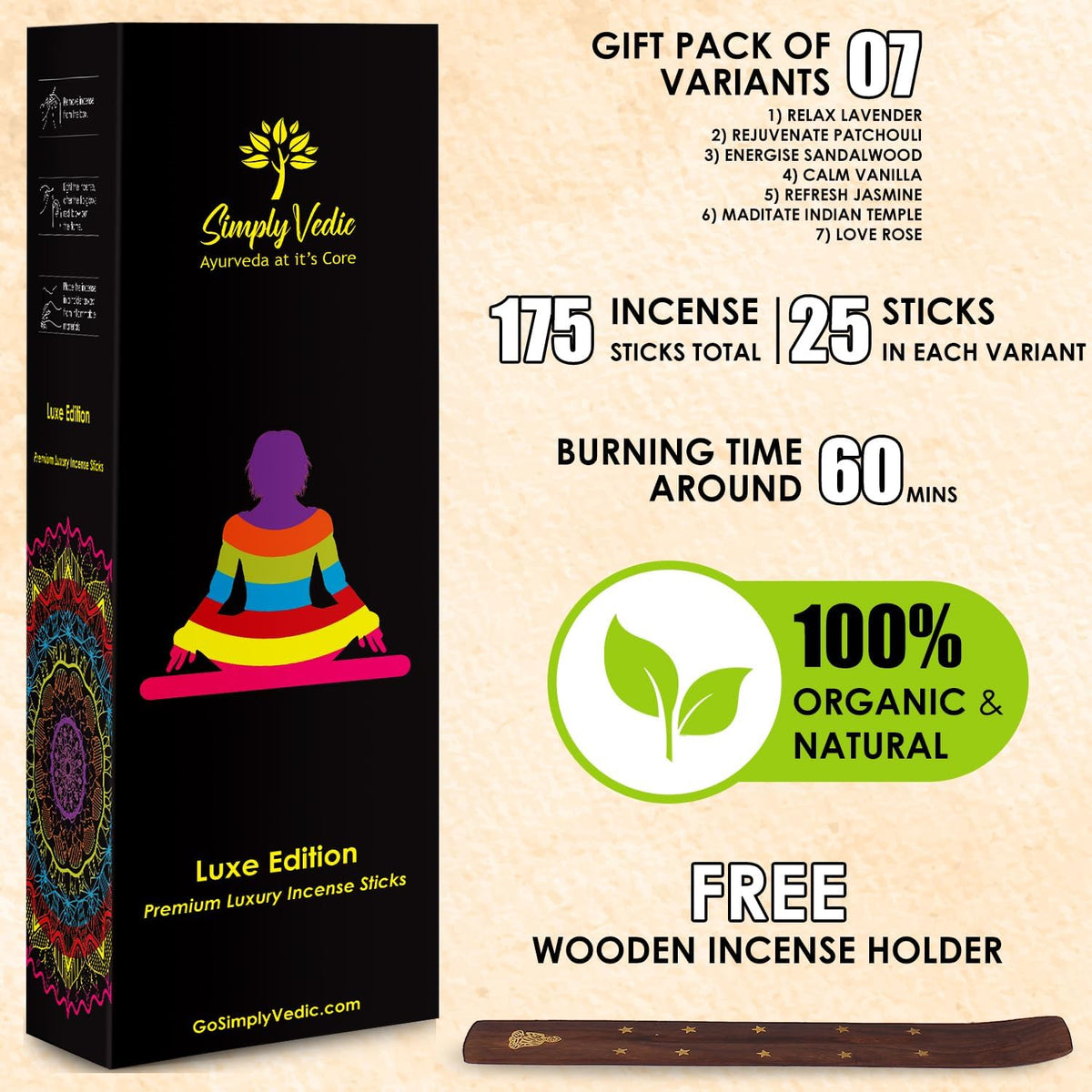 Luxe Incense Sticks Set – 175 Hand-Rolled Natural Incense with Holder | 7 Fragrances: Lavender