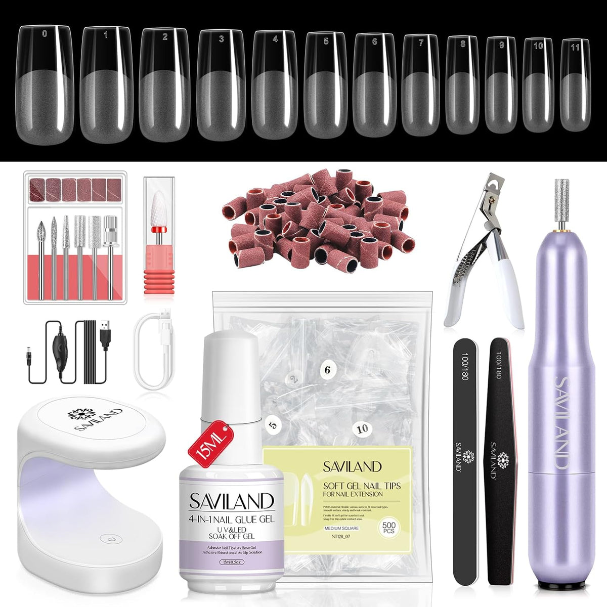 SAVILAND Gel Nail X Kit: 500 Pcs Square Nail Tips Gels Nail Kit with Drill, 0.5 Oz 4-in-1 U V Nail
