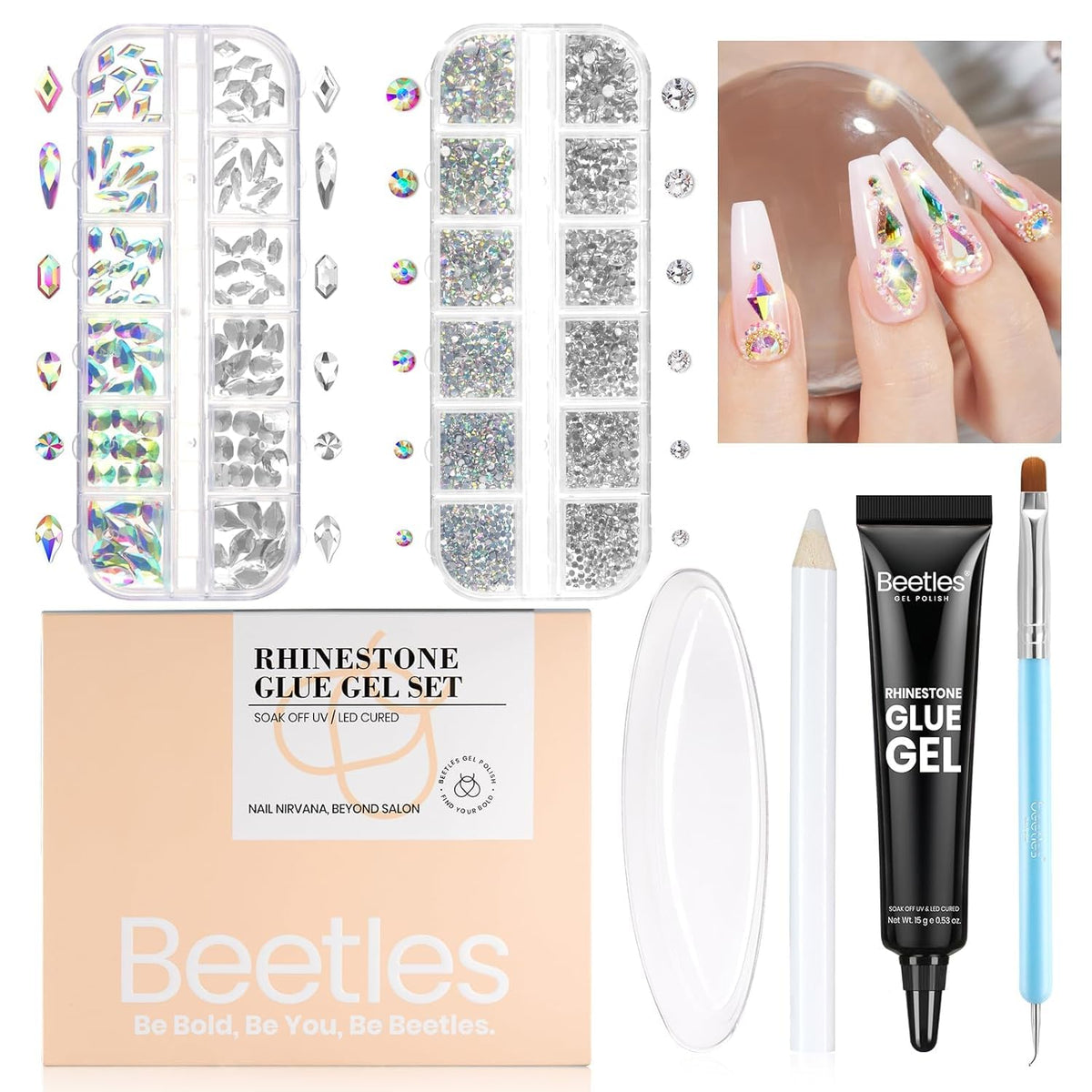 Beetles Gel Polish Nail Glue with Nail Gems Set, 15ml Nail Rhinestone Glue &120+2000Pcs Crystal