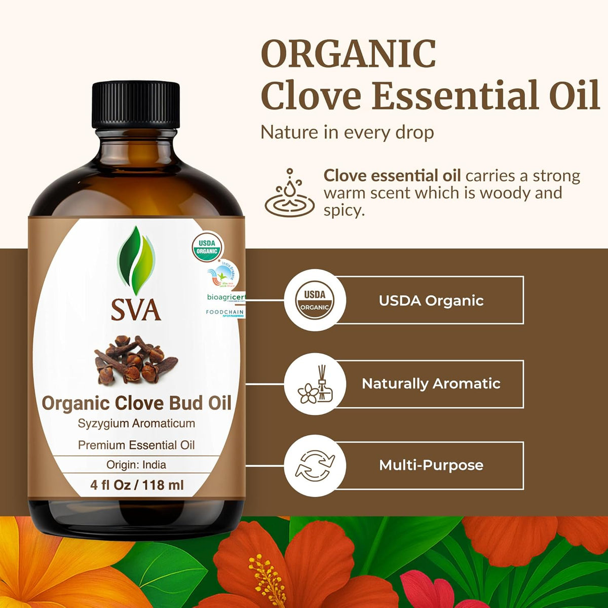 SVA Clove Essential Oil Organic – 4 Fl Oz – 100% Natural Organic Clove Oil - for Diffuser, Hair