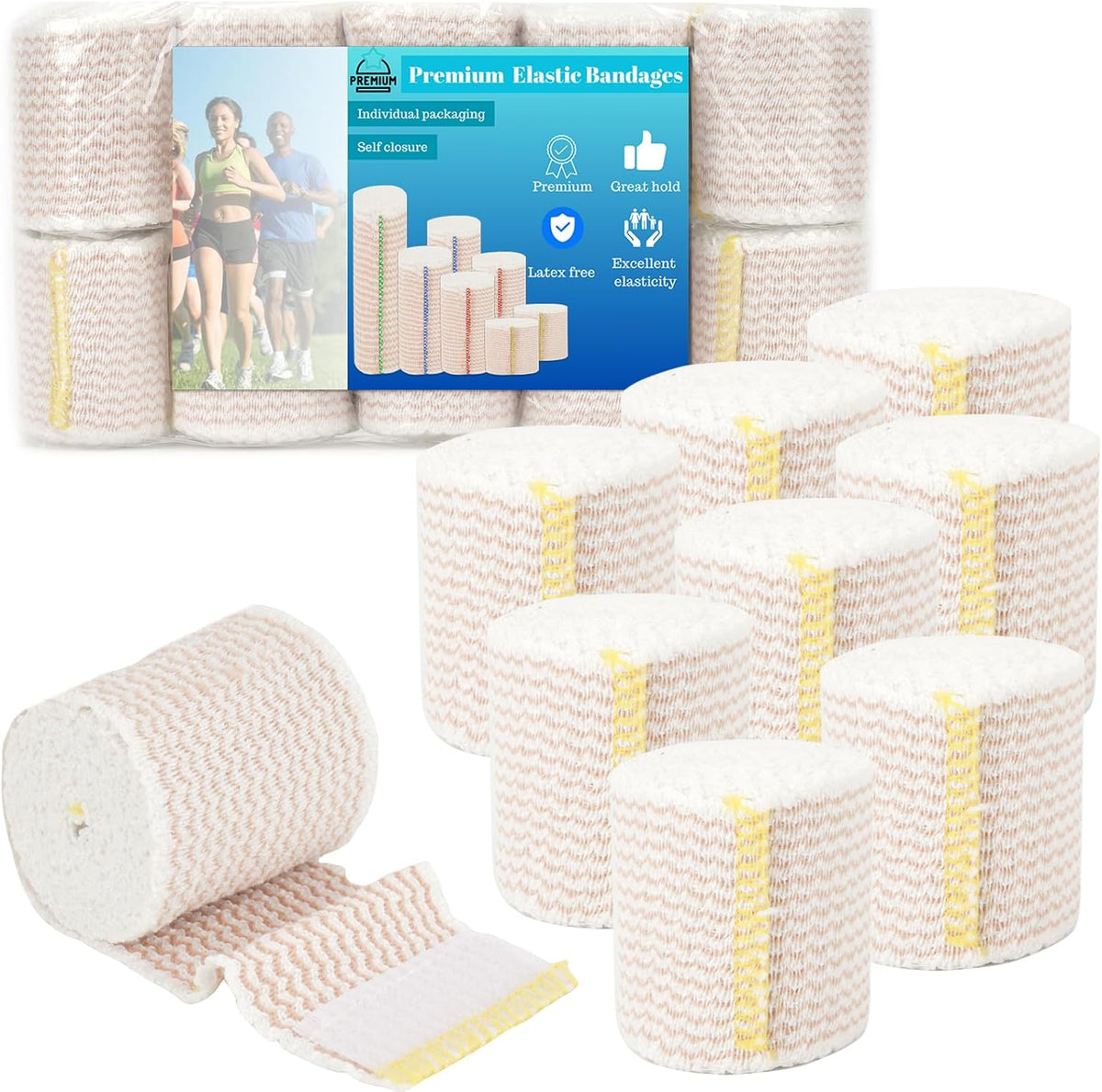 Premium Elastic Bandage Wrap 2 inch 10 Pack Reusable Versatile Self-Closing Compression Bandage