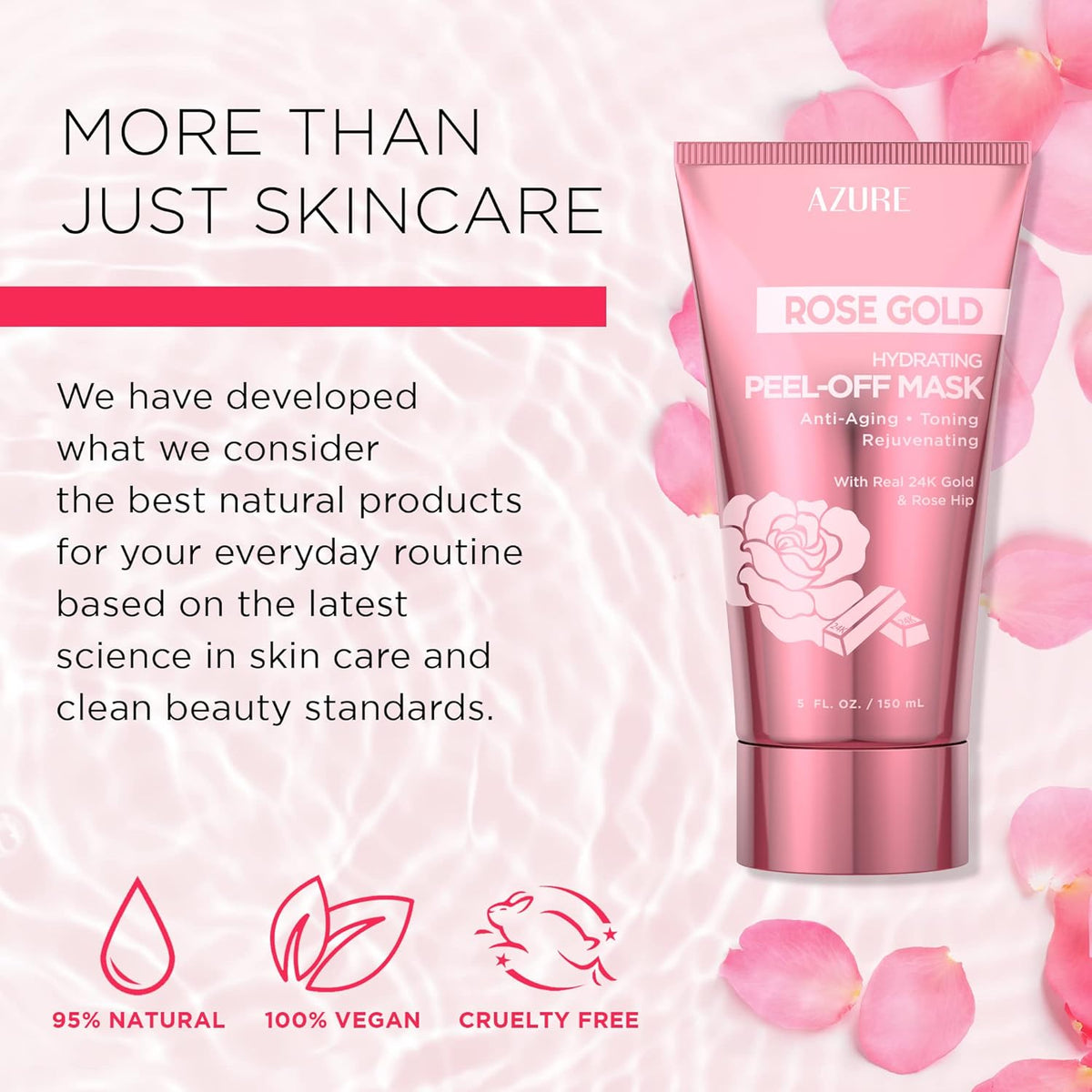 Azure Cosmetics Rose Gold Hydrating Peel Off Face Mask- Anti Aging, Toning & Rejuvenating - Removes