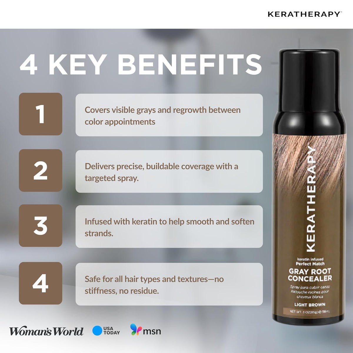 Keratherapy Keratin Infused Perfect Match Gray Root Concealer Spray, Light Brown, 3 oz, 118ml