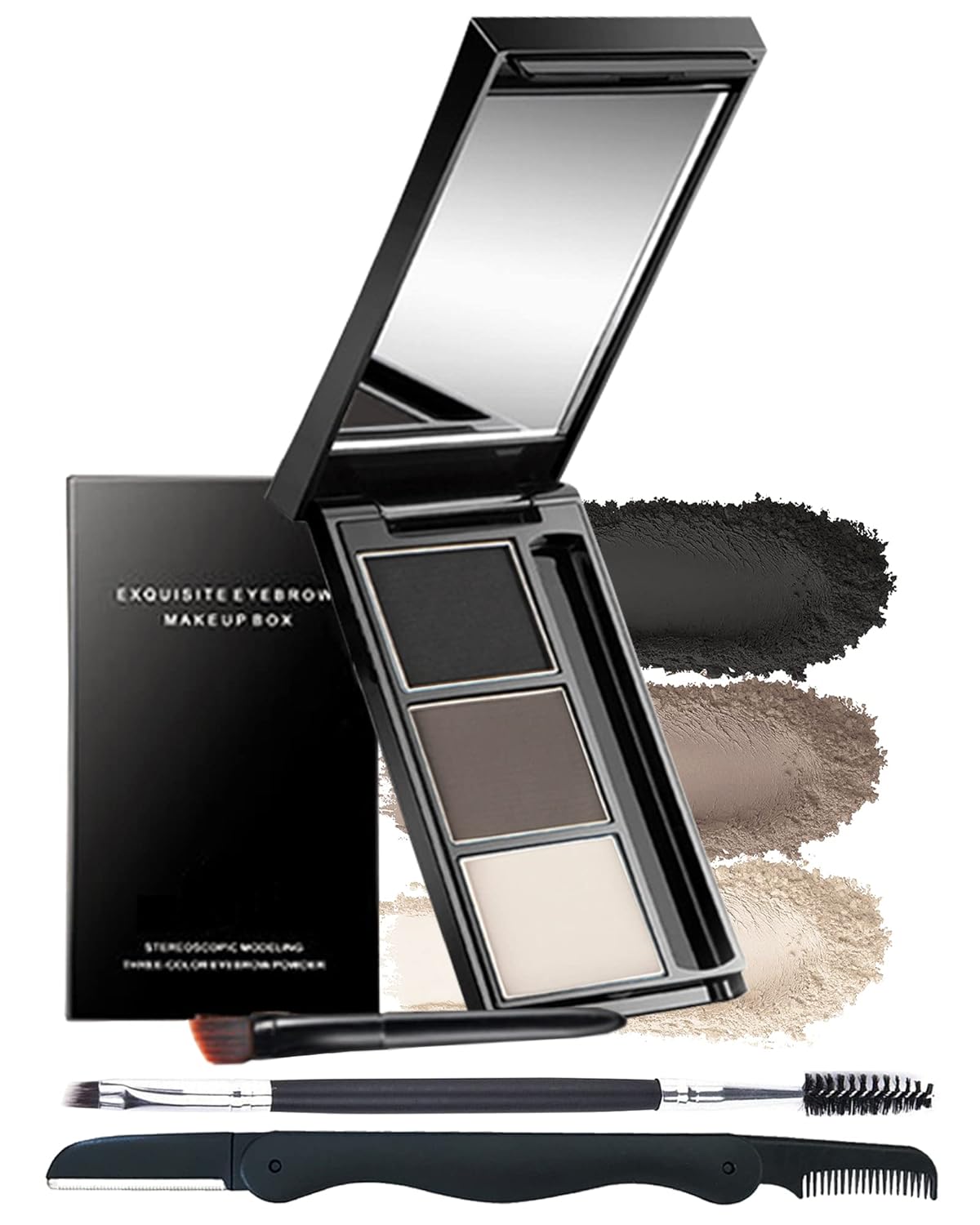 Eyebrow Powder Makeup Kit-3 Colors Eye Brow Powder Palette Long-Lasting Waterproof, Black Brown