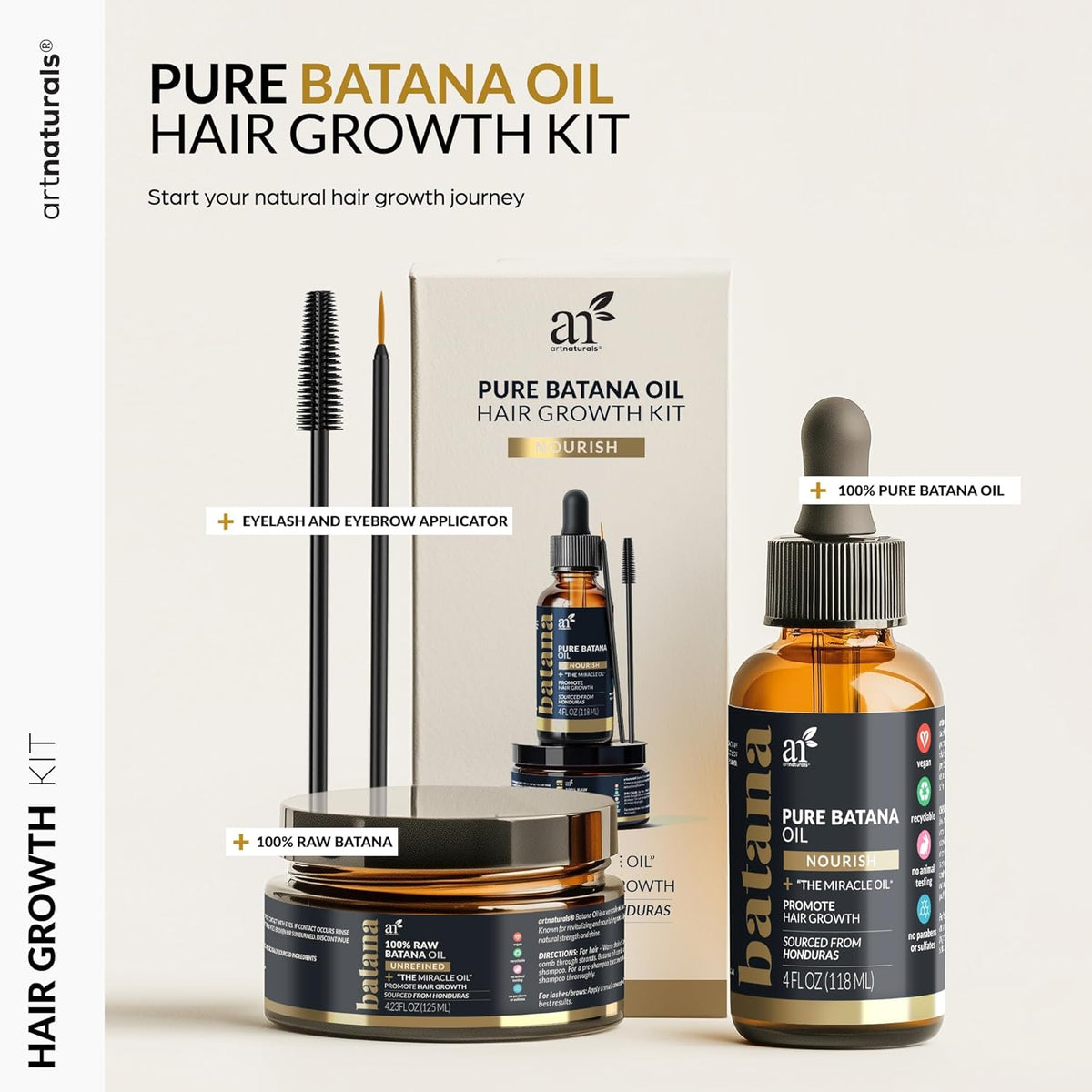 Batana Oil for Hair Growth – 4Pc Set: Raw Batana oil 4oz + 4.2oz Paste, Lash Wand & Brow Brush