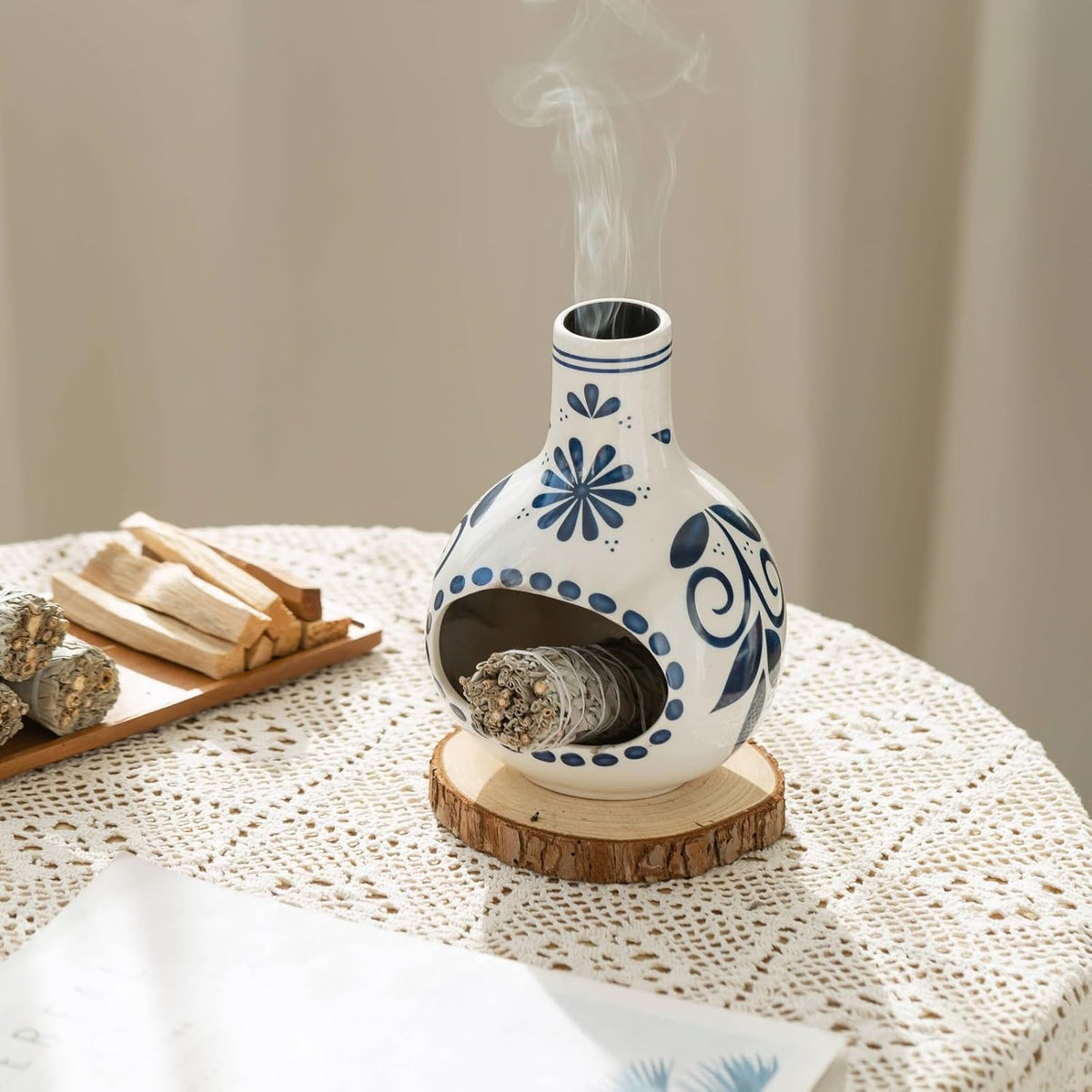 Handmade Ceramic Palo Santo Holder Burner & Sage Holder - Mini Tabletop Chiminea Burner Tray with