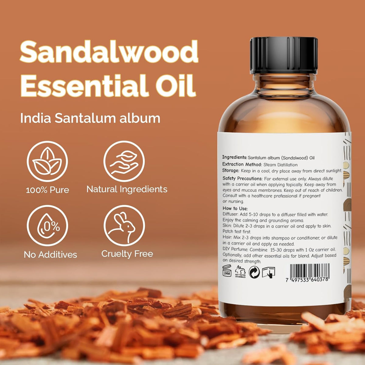 Sandalwood Essential Oil 4 Oz, 100% Pure Sandalwood Oil for Diffuser, Skin, Hair, Body & Face