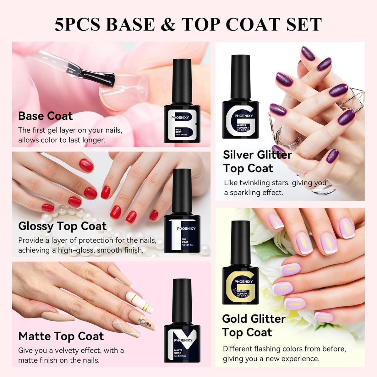 Phoenixy 30 PCS Gel Nail Polish 25 Colors Gel Nail Polish Set with Base Coat Glossy Matte and