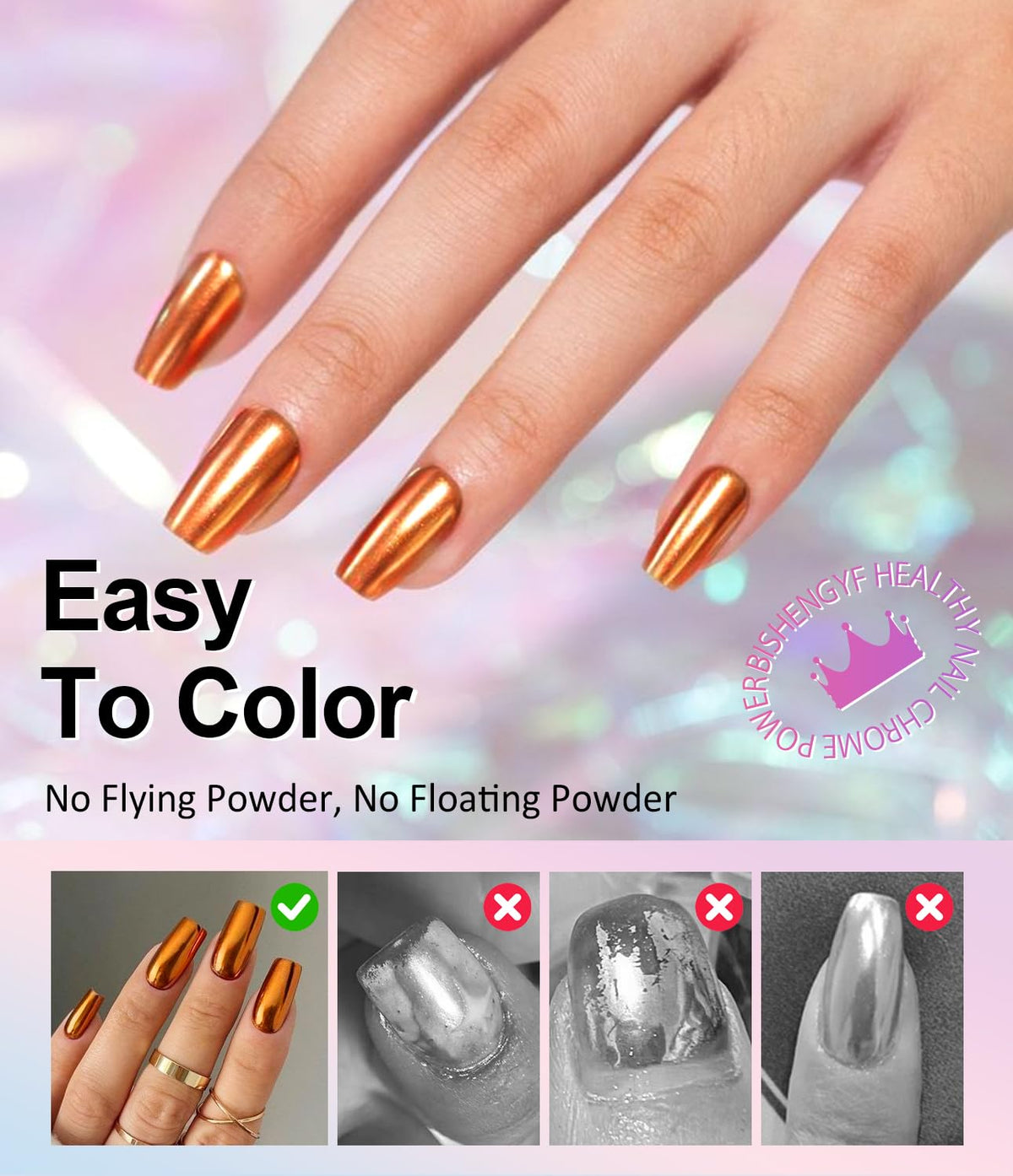 2 PCS Chrome Nail Powder：Mirror Effect Copper Chrome Nail Powder,Metallic Mirror Orange Chrome Nail