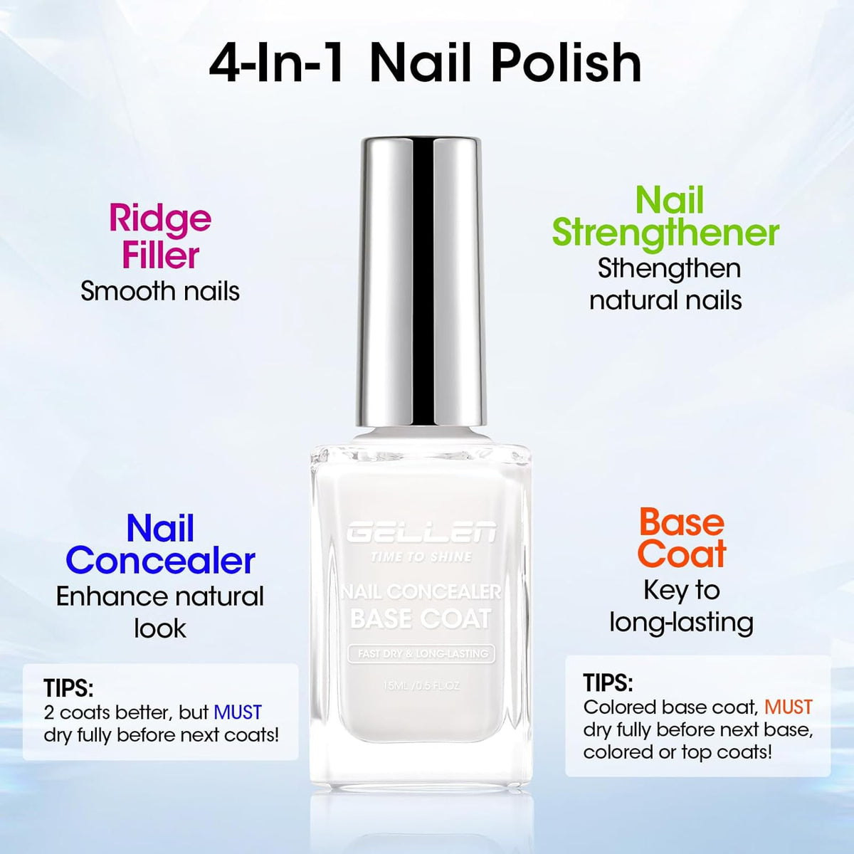 Gellen 4-In-1 Illuminating Nail Concealer Base Coat Polish Milky White, Nail Strengthener Ridge