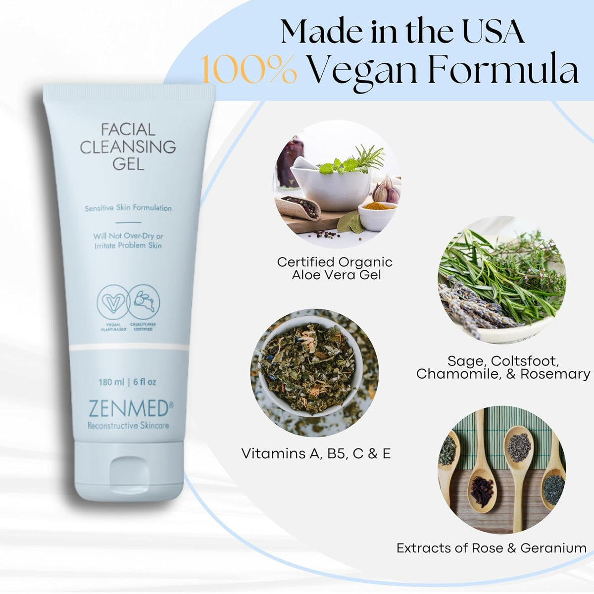 ZENMED Facial Cleansing Gel 6 oz for Women and Men - All-in-One Cleanser Face Wash | Hydrating