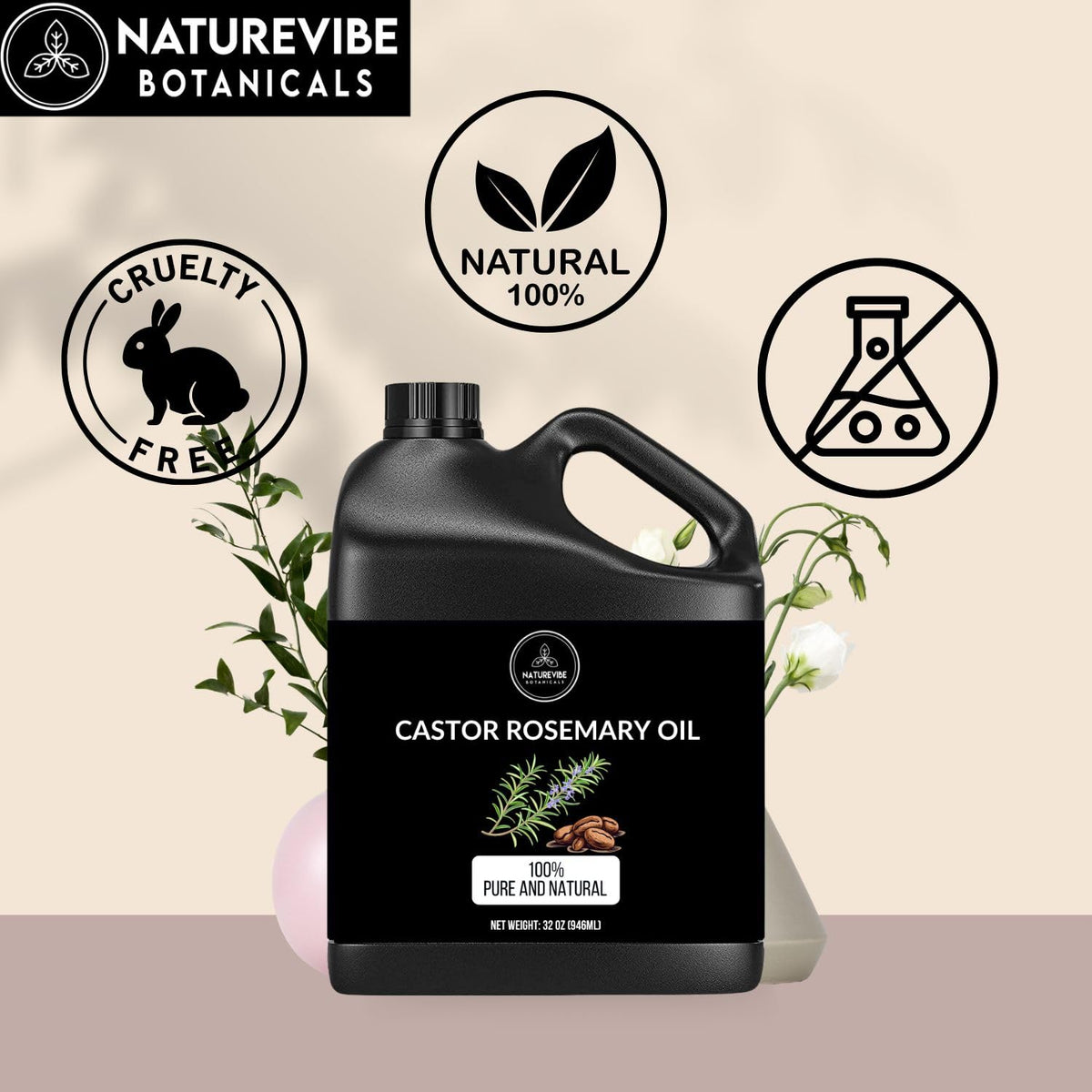 Naturevibe Botanicals Castor Rosemary Oil 32 Ounces | 100% Pure and Natural | Great for Skin Care