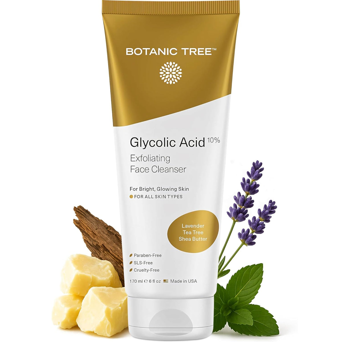Botanic Tree Glycolic Acid Face Wash, Exfoliating Facial Cleanser and Scrub, 10% Glycolic Acid, AHA