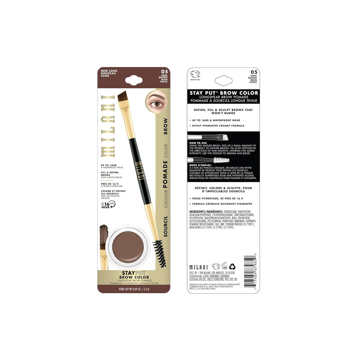 Milani Stay Put Brow Color - Dark Brown (0.09 Ounce) Vegan, Cruelty-Free Eyebrow Color that Fills