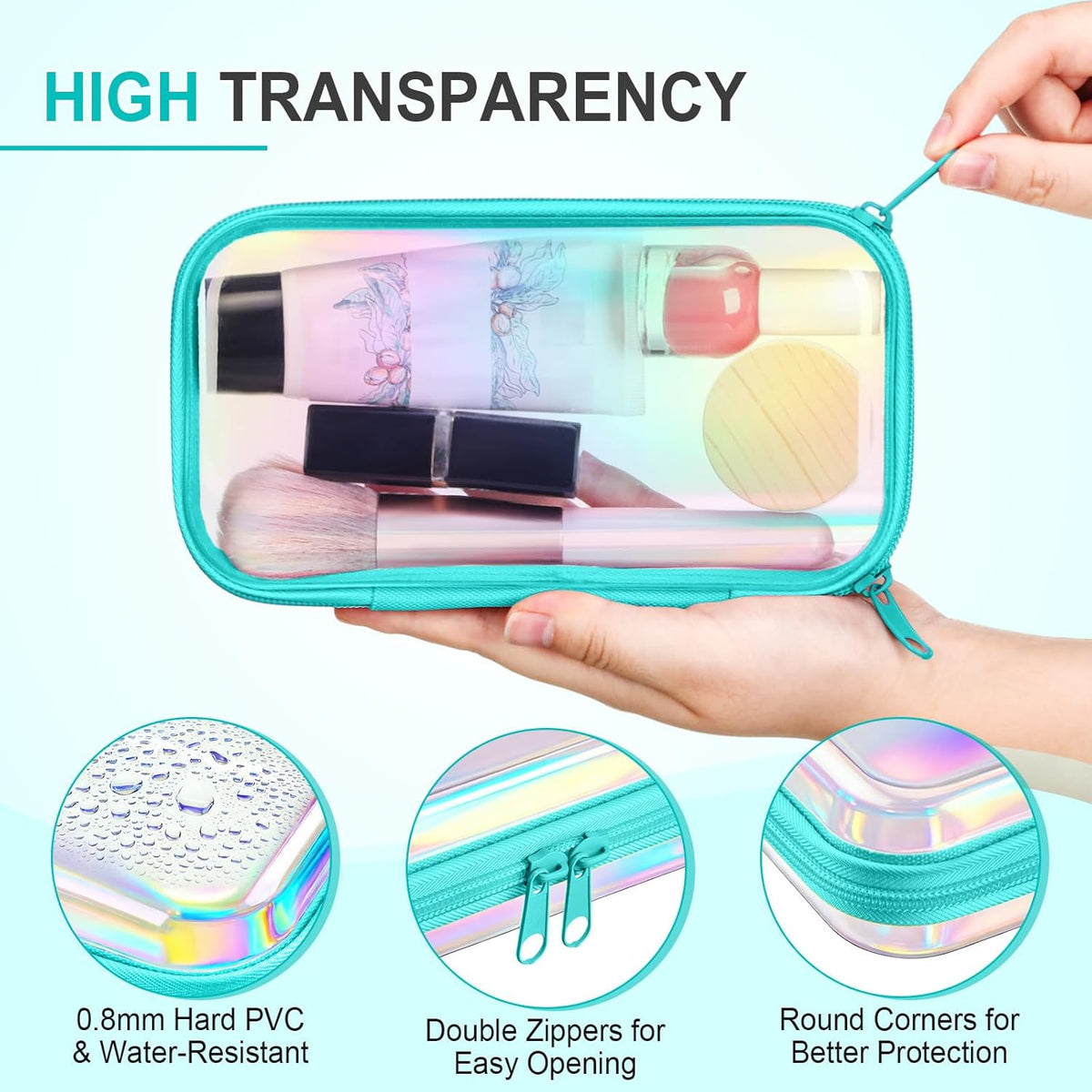 Hoolerry 4 Pcs Hard Clear Zipper Case Makeup Bags Plastic Pencil Pouch Transparent Storage Box