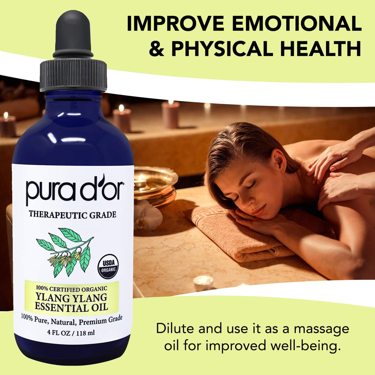 PURA D'OR Organic Ylang Ylang Essential Oil (4oz with Glass Dropper) 100% Pure & Natural