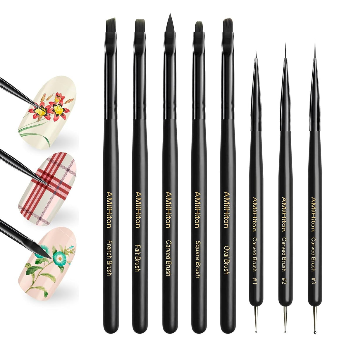 8PCS Nail Art Brushes for Builder Gel, Polygel & Polish – Flat, Round, Liner, French Tip & Detail