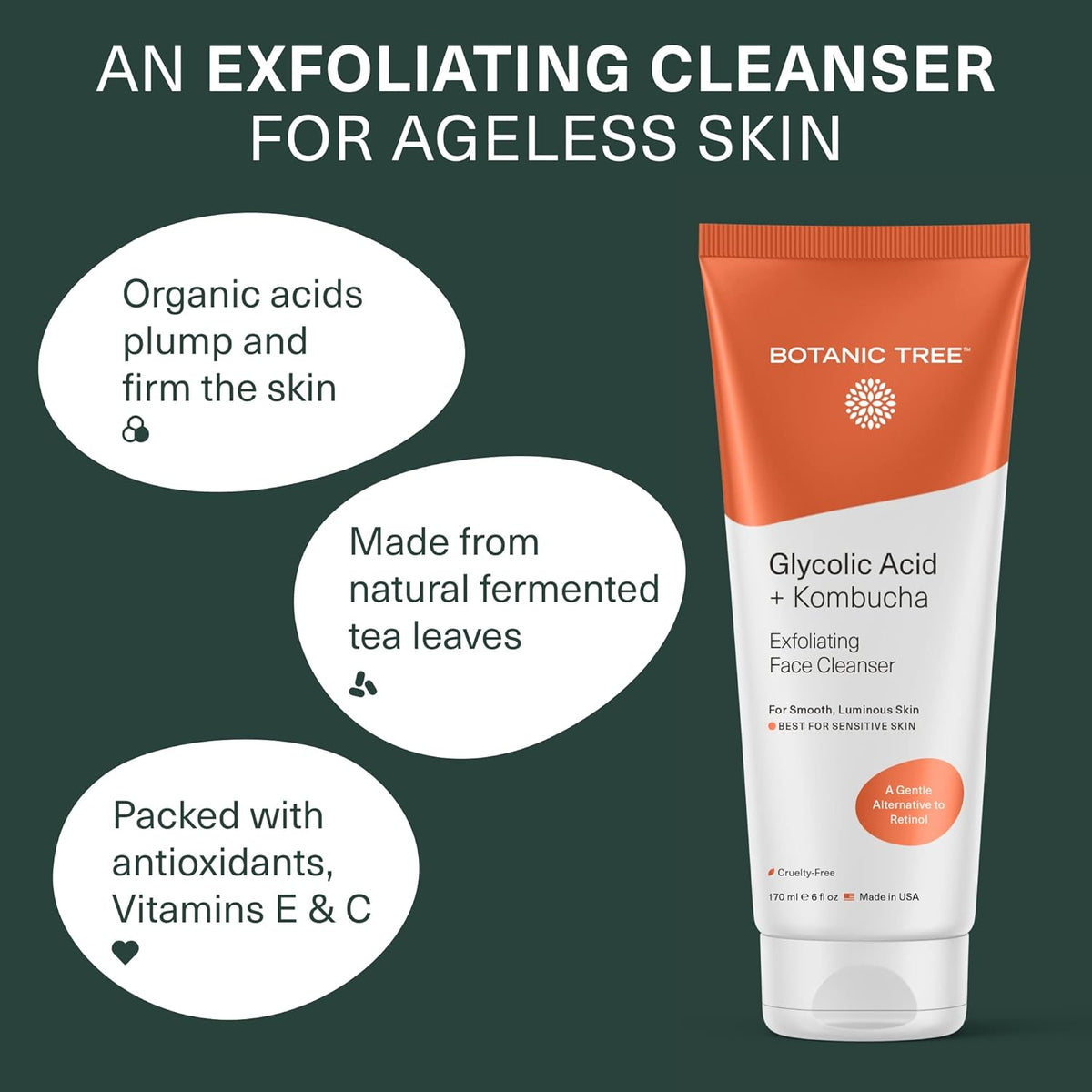 Botanic Tree Kombucha & Glycolic Acid Exfoliating Face Wash for Aging Skin - Face Cleanser for