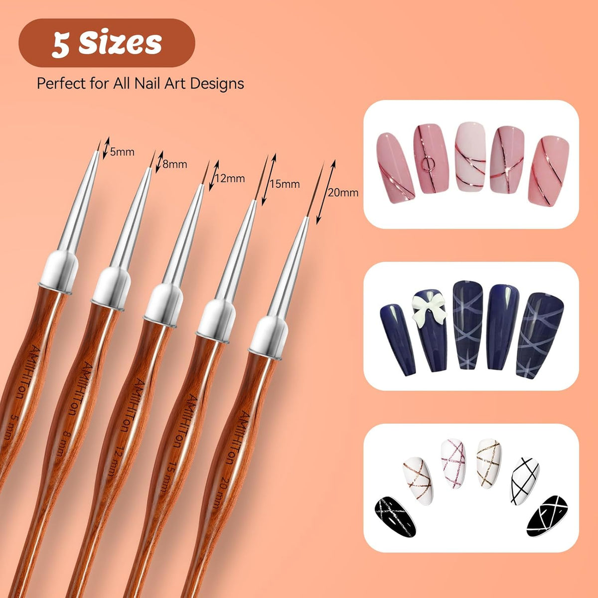 Nail Art Liner Brushes, 5Pcs Wooden Nail Brushes for Fine Drawing & Detailed Nail Art, Gel Polish
