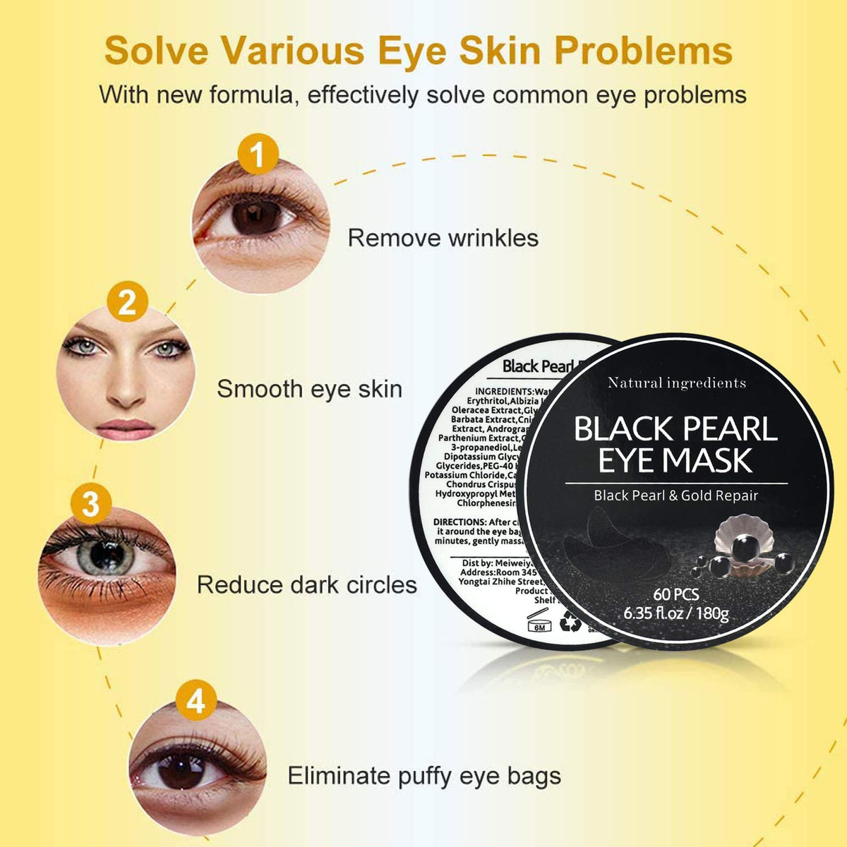 Under Eye Patches, Eye Mask Black Pearl, Puffy Eyes Dark Circles Brighten Treatments, 60PCS