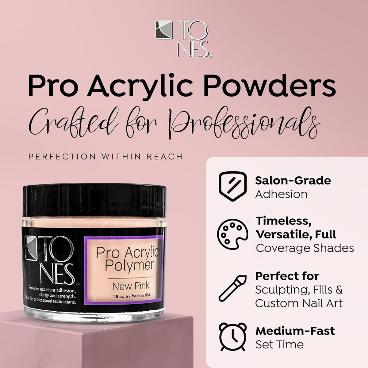 Tones Pro Acrylic Nail Powder, New Pink (Fresh Peach-Toned Pink), (3.5 Fl Oz) - Long-Lasting &