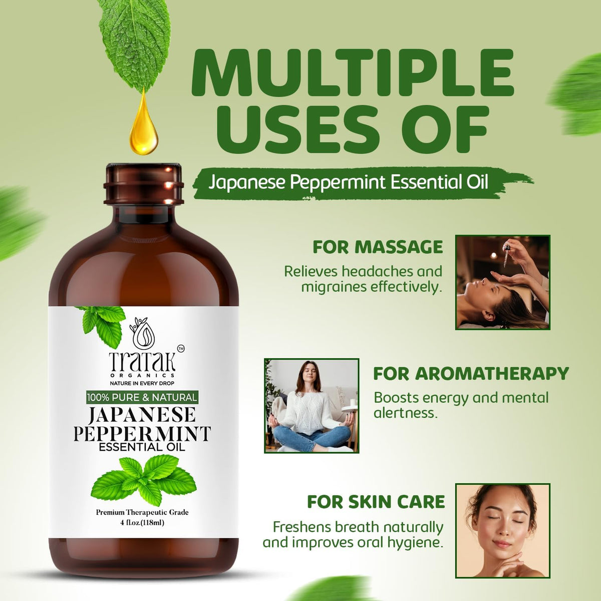 Peppermint Essential Oil 4 Fl Oz - 100% Pure and Natural Oil with Premium Glass Dropper, Premium