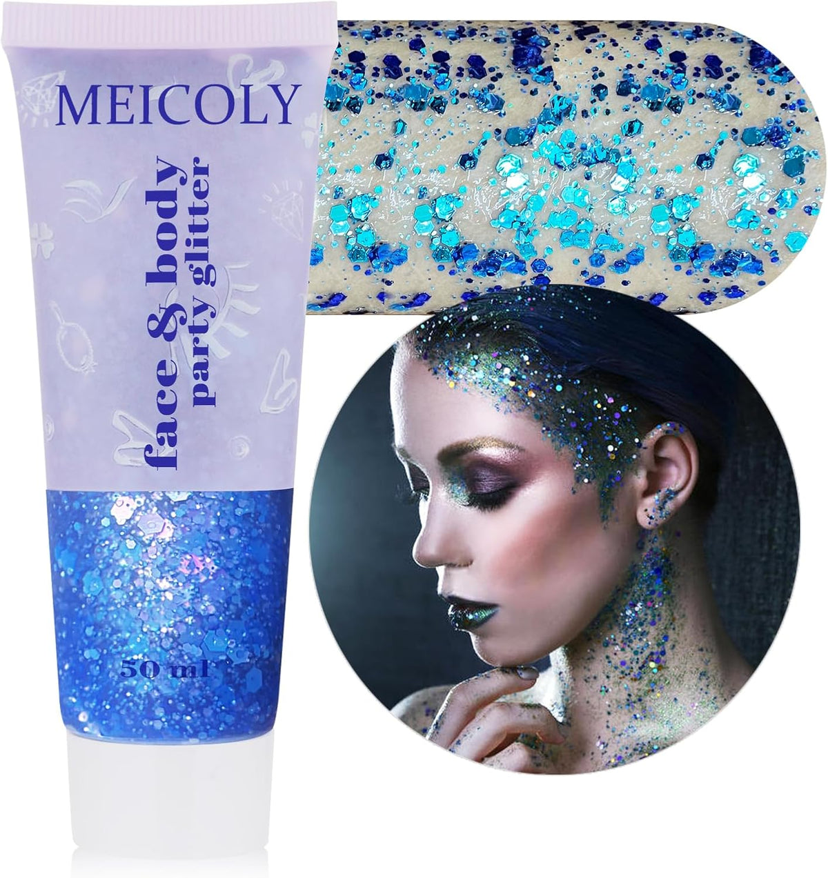 MEICOLY Chameleon Blue Body & Face Glitter Gel, Color Changing Mermaid Sparkle for Concerts &