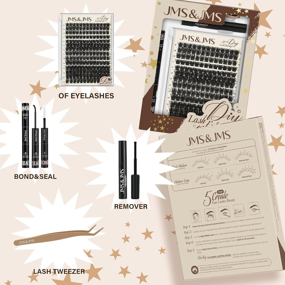 JMS&JMS DIY Lash Extension Kit Lash Clusters Kit 200D D Curl Individual Lashes Eyelash Extension