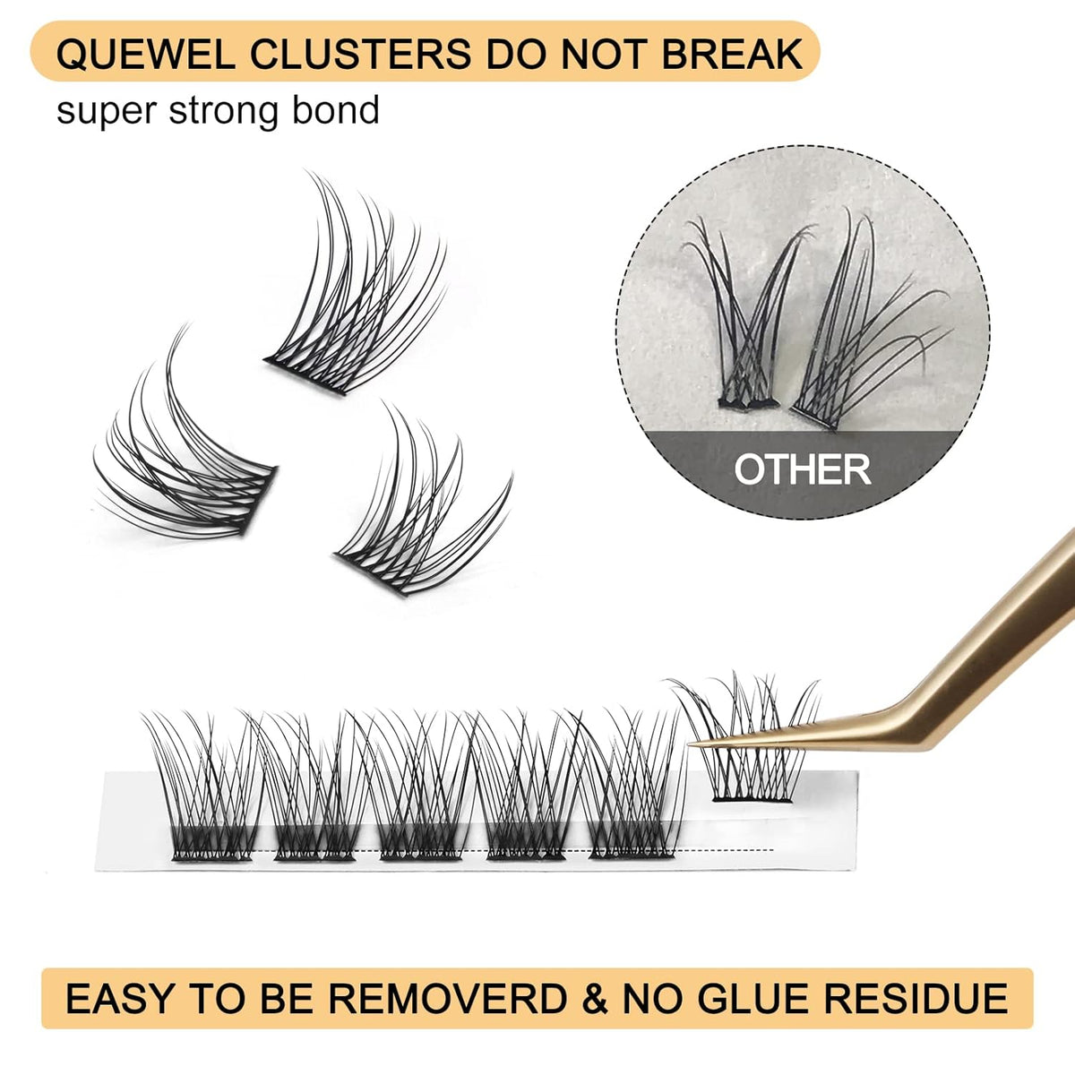 QUEWEL Lash Clusters 72 Pcs Wide Stem Individual Lashes C/D Curl 8-16mm Length DIY Eyelash