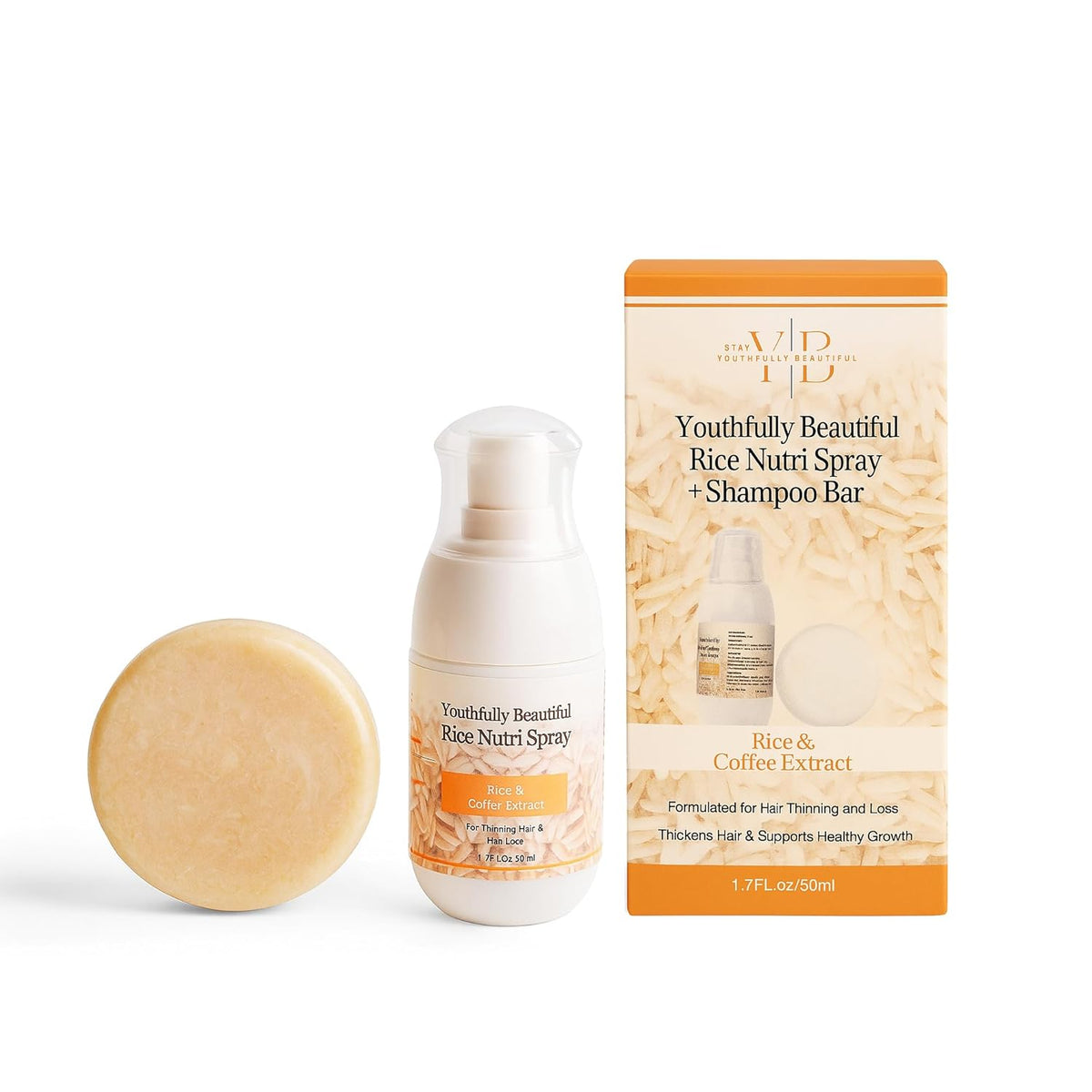 Youthfully Beautiful Rice Nutri Spray and Shampoo Bar Set Rice and Coffee Extract for Thinning Hair