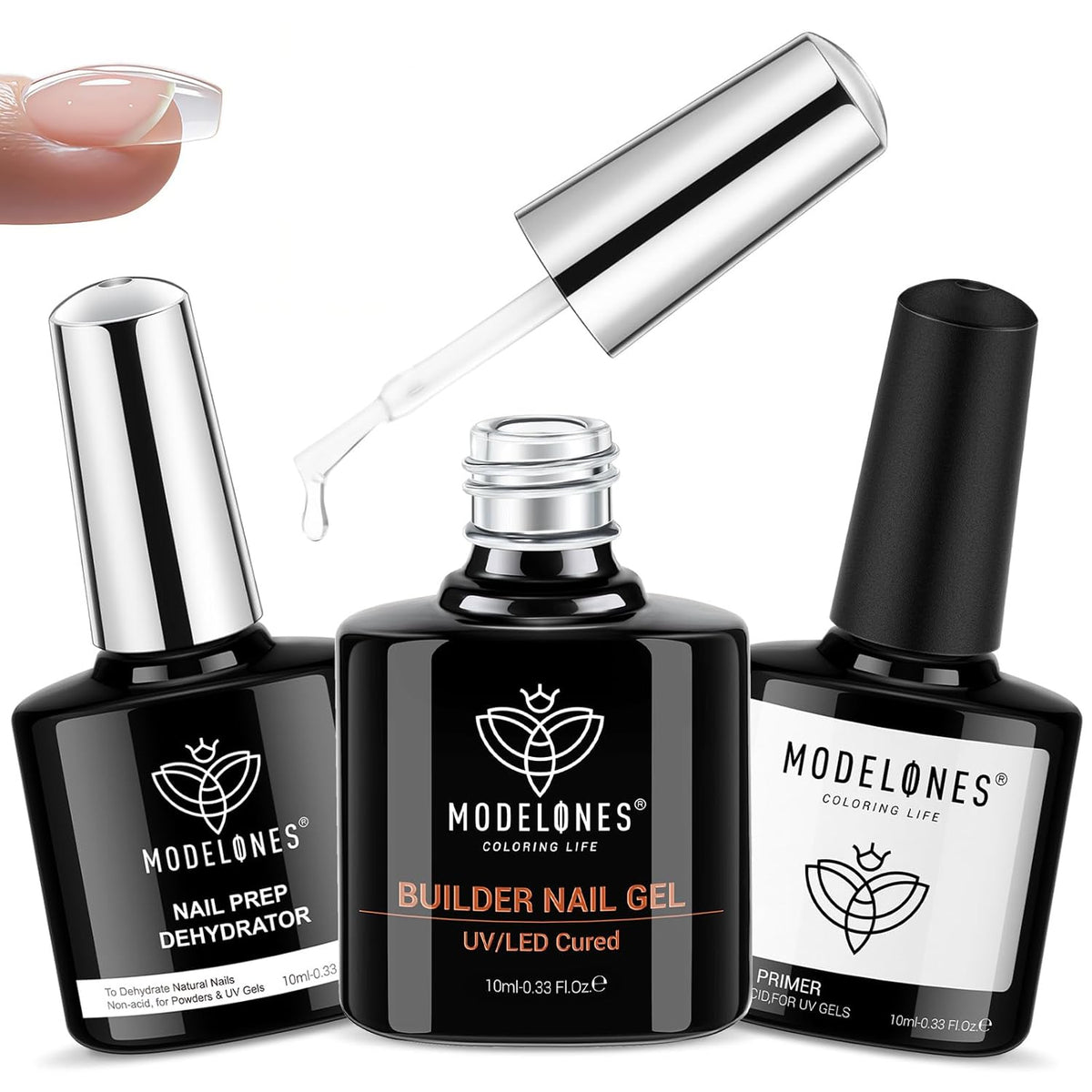 modelones Nail Dehydrator and Primer & Builder Nail Gel, 3Pcs Prep Dehydrate & Bond Primer Clear