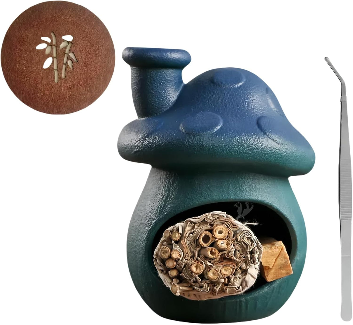 Mushroom Incense Holder, Blue Ceramic Palo Santo Holder Burner & Sage Holder - Mini Tabletop