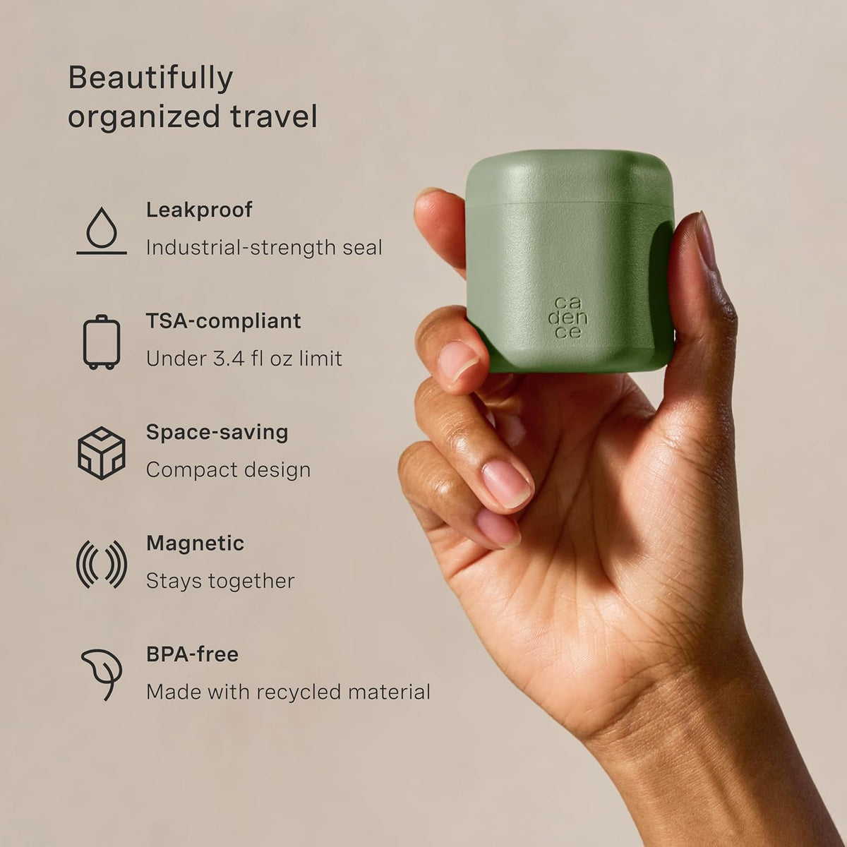 Cadence Travel Containers - Core Skincare Set - Magnetic Containers with Lids,2 Small (0.56oz) & 3