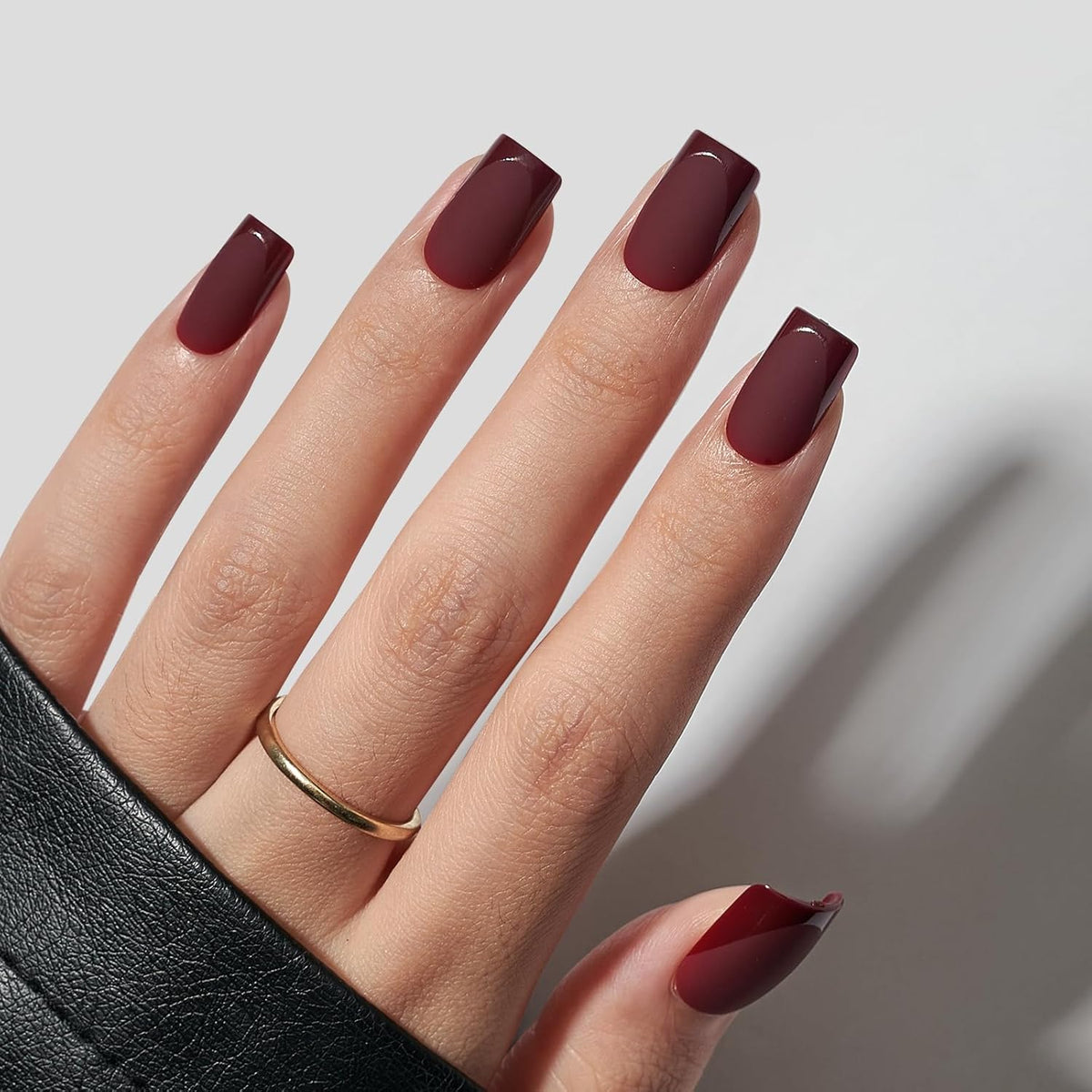 BTArtbox Press on Nails Short Square - Dark Red Nails with Glossy French Tips in a Matte Finish
