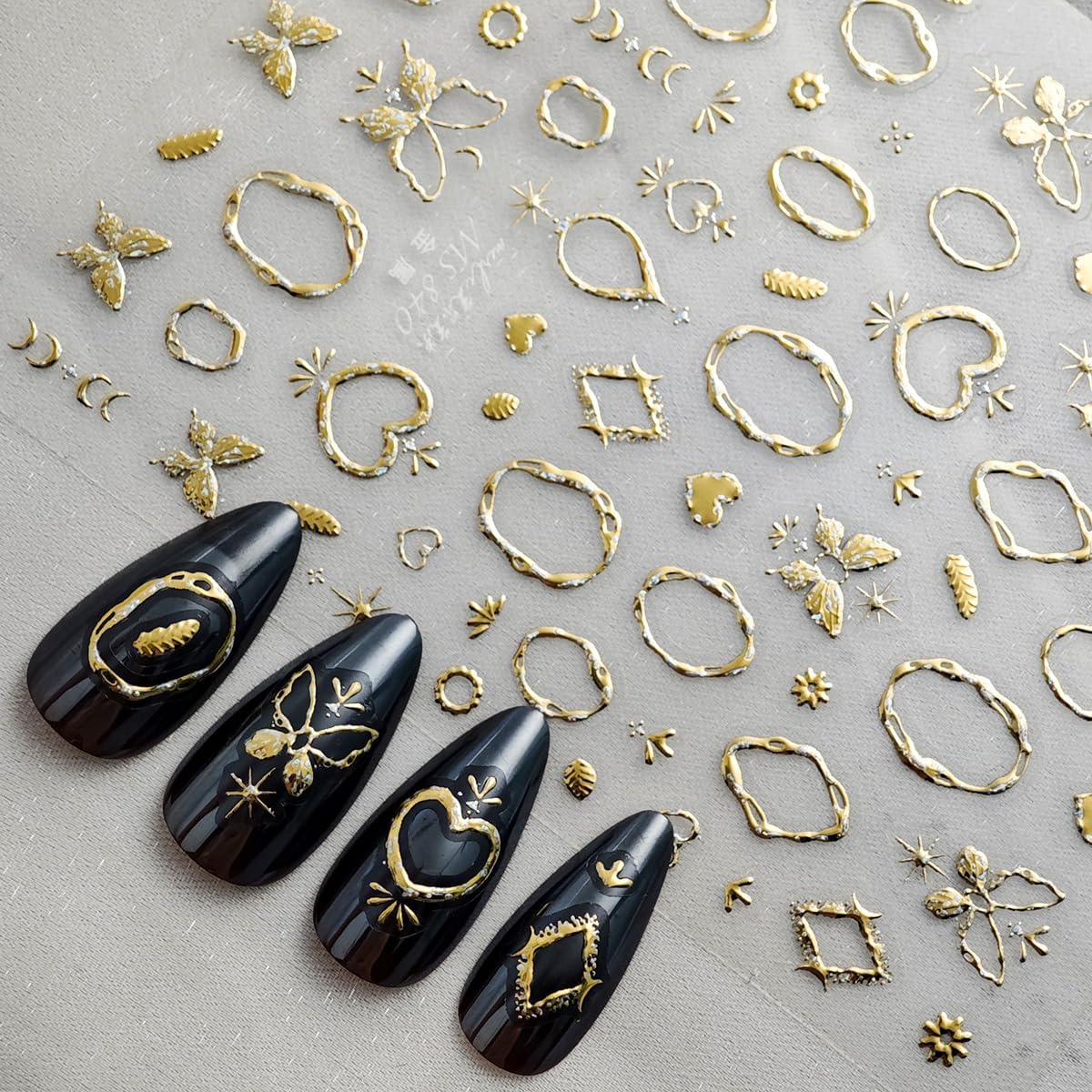 Gold Nail Art Stickers Butterfly Heart Nail Decals with Golden Design 5D Embossed Self Adhesive