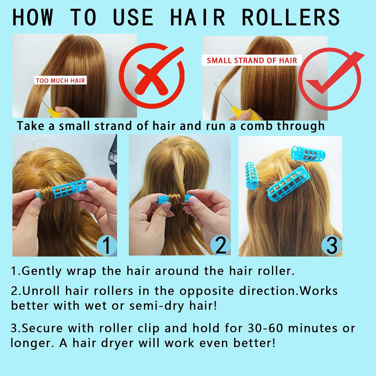 28PCS Self Grip Small Hair Rollers Set, 0.6in Plastic No Heat Roller Hair Curlers with Comb