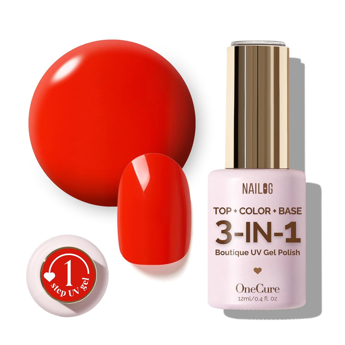 NAILOG One Step Red Gel Nail Polish 12ml Top Coat Color Gel Base 3-In-1 Formula Soak Off UV Gel