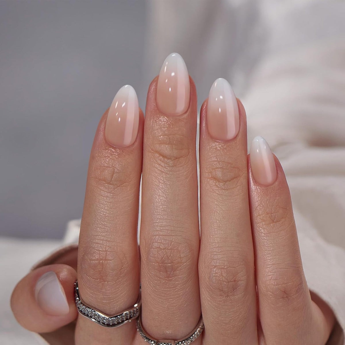 Almond Press On Nails Medium - BTArtbox Soft Gel Ombre Fake Nails with Nail Glue, Semi-Transparent
