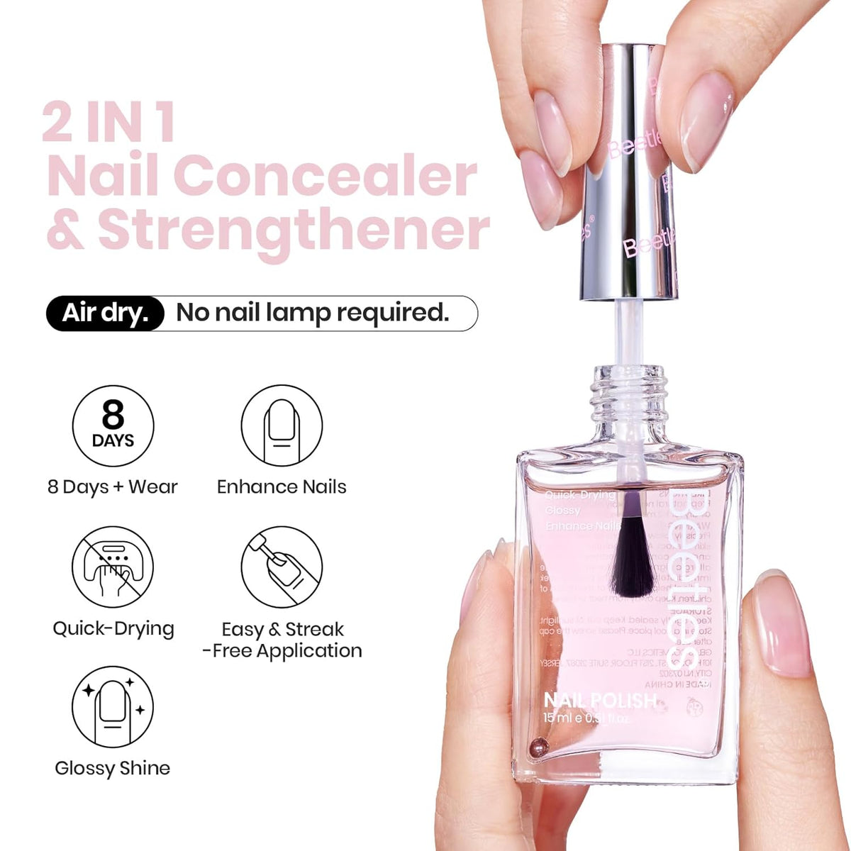 Beetles Nail Strengthener - Pink Shine Nail Concealer Air Fast Dry Natural Nail Hardener and Growth