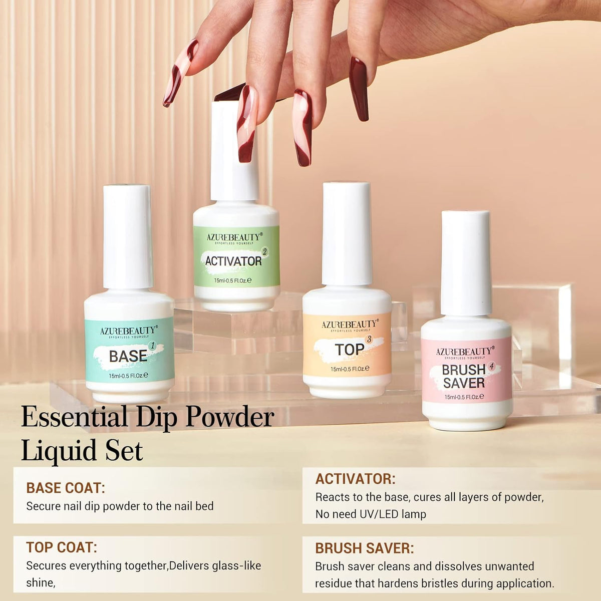 AZUREBEAUTY Dip Powder Liquid Set 15ml/0.5oz 8 Pcs Dipping Base Activator and Top Coat Brush Saver