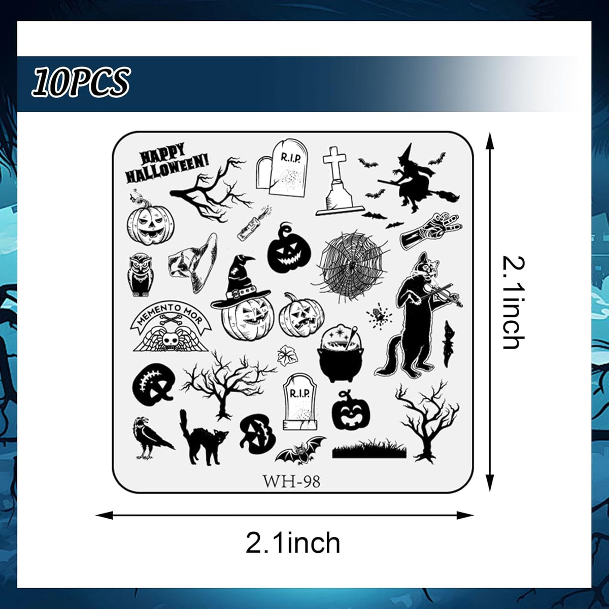Whaline 10Pcs Halloween Nail Art Stamping Plate Kit Spooky Pumpkin Ghost Skull Plaid Design Nail