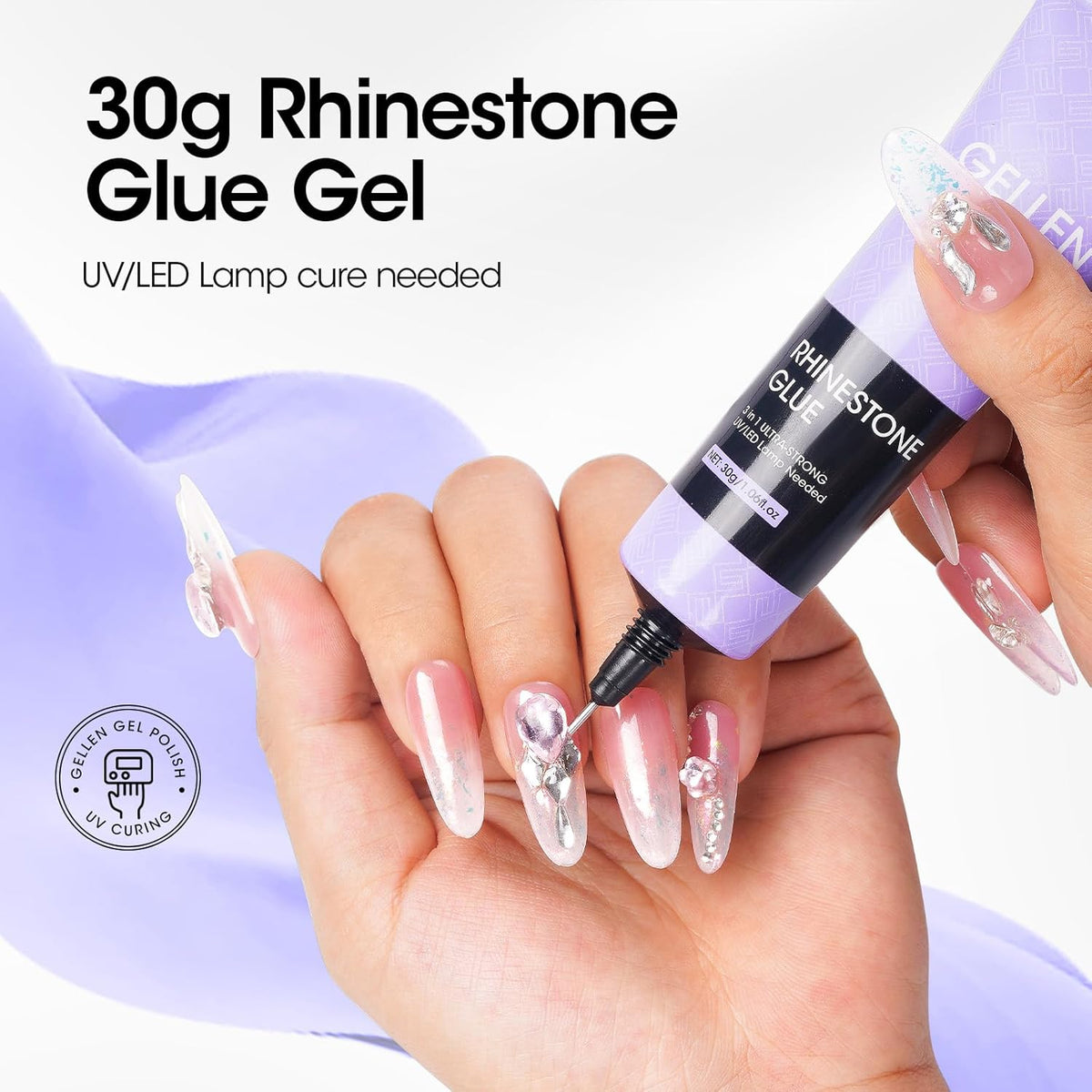 Gellen 30g Rhinestone Glue for Nails, Super Strong Adhesive Gel Nail Glue for Nail Charms, UV Light