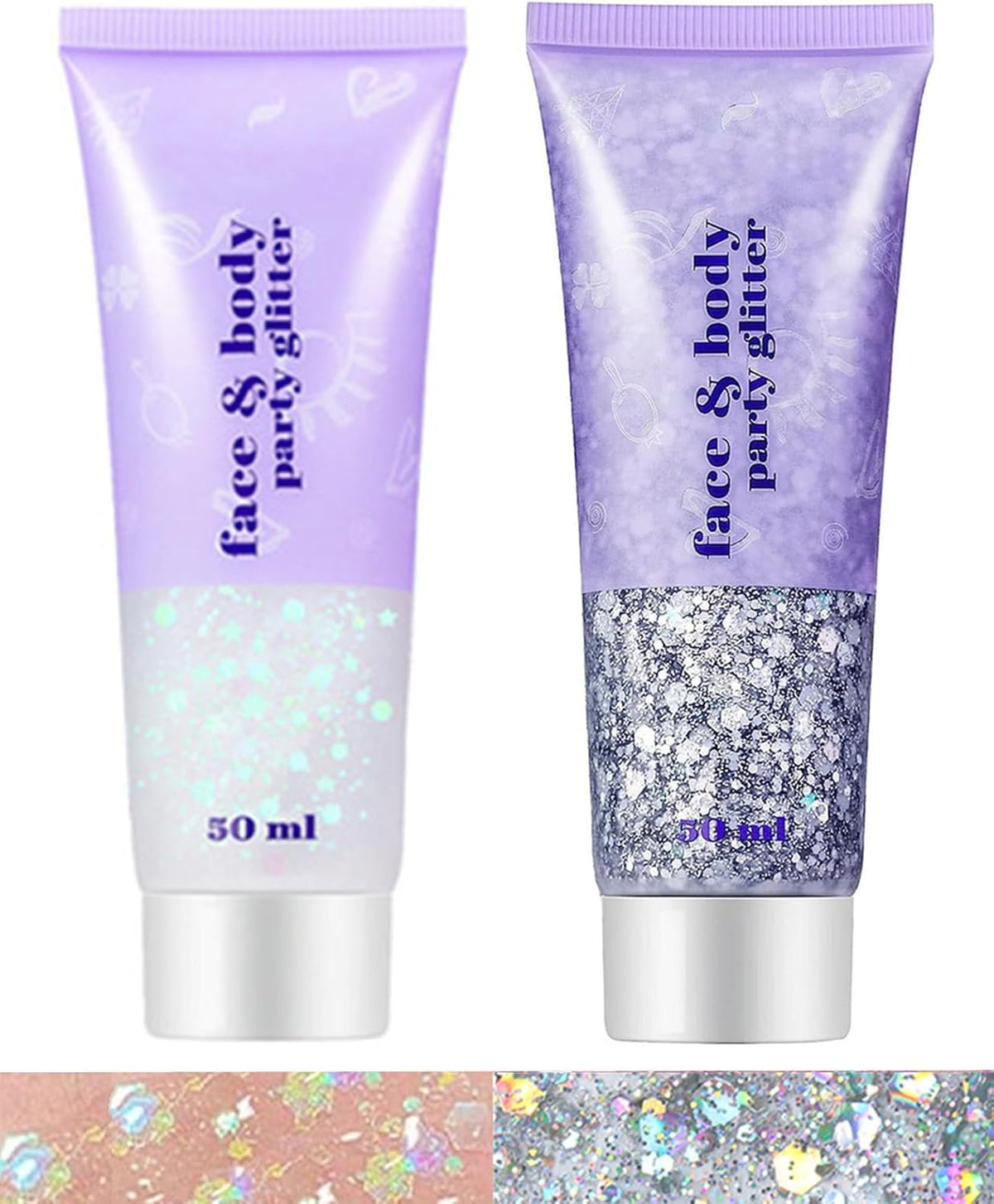 Go Ho Silver and White Body Glitter Set,Singer Concerts Face Glitter Gel Makeup,Holographic Long
