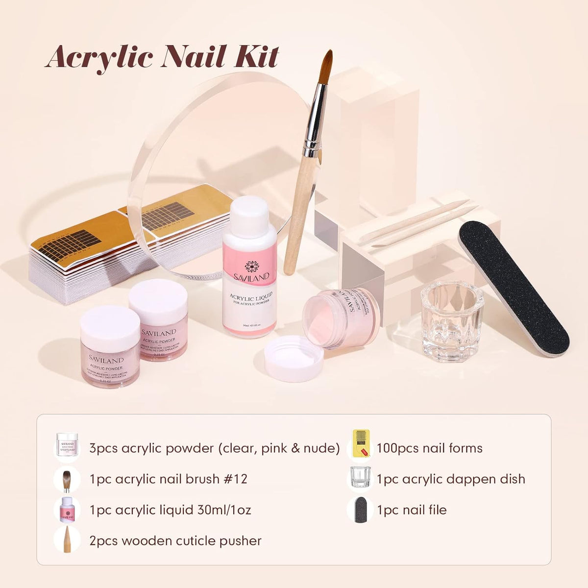 Saviland Acrylic Nail Starter Kit: Clear Pink Nude Acrylic Powder & Liquid, Brush, Files, Forms