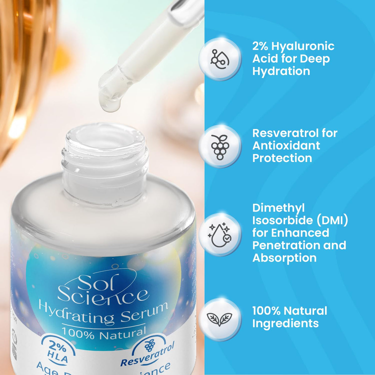 Ultra Hydrating Face Serum – Hyaluronic Acid + Resveratrol for Dry Skin – Lightweight All Natural