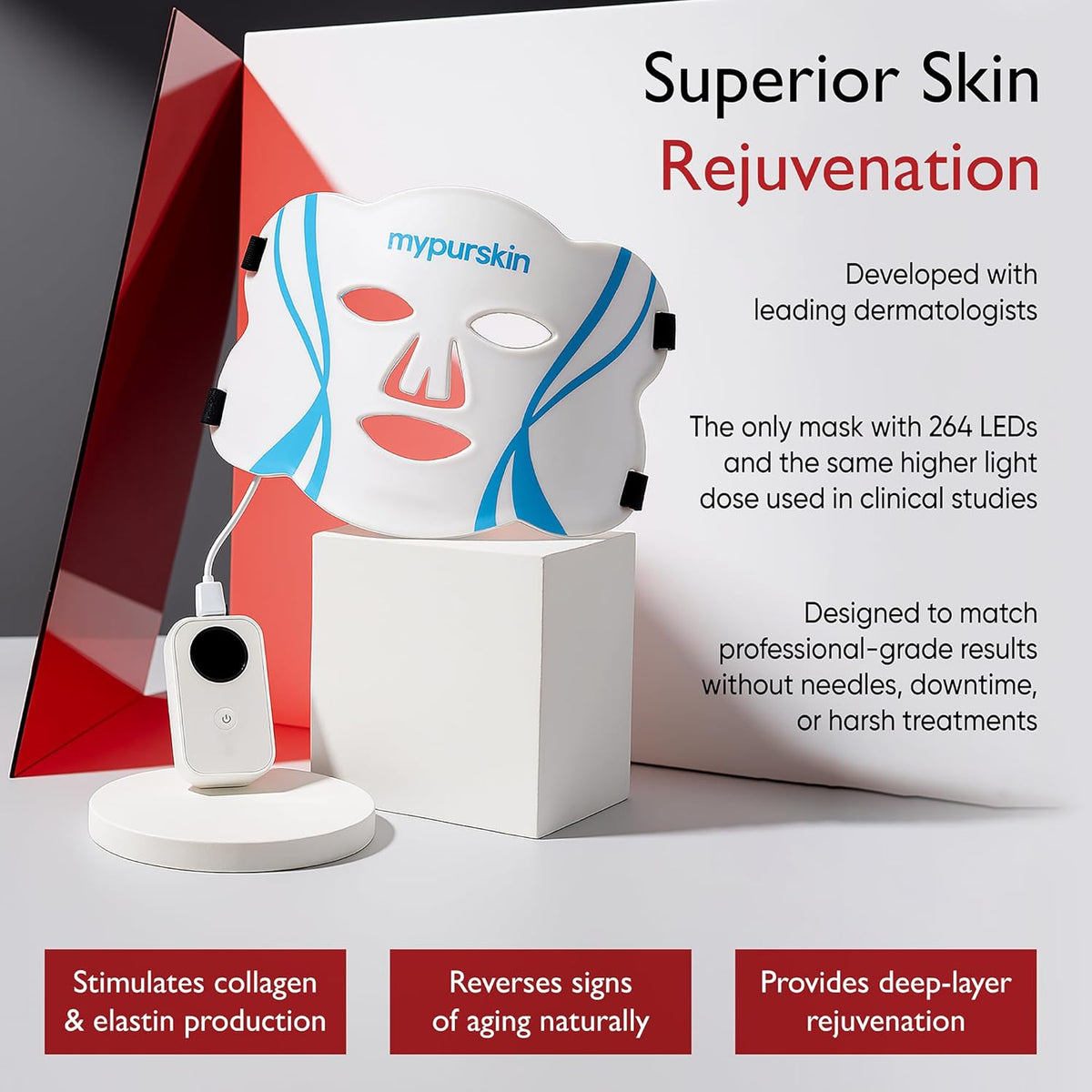 Professional Light Therapy Face Mask, FDA-Cleared, 264 LED, Clinically Proven 4-50x Higher Dose, 4