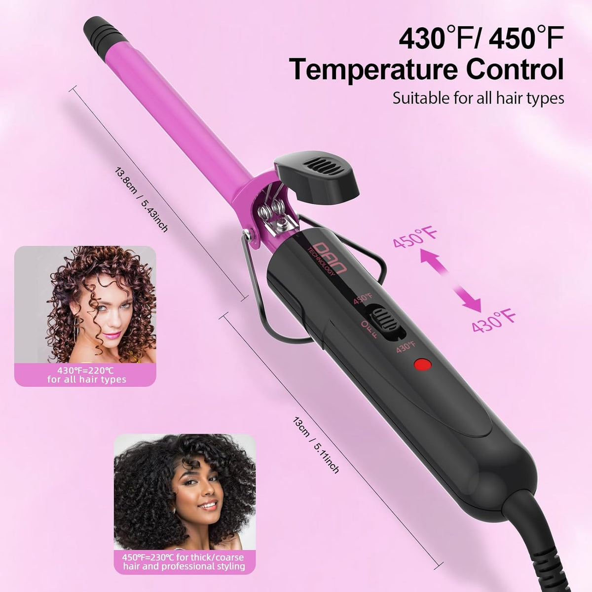 DAN Technology 1/2 Inch Curling Iron 13mm Small Ceramic Curling Wand with Adjustable Temperature