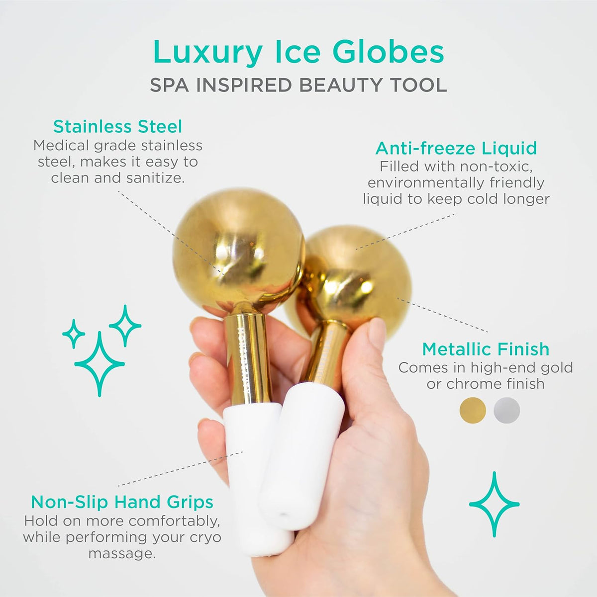 Stainless Steel Ice Globes for Facials (Gold), Durable Cryo Globes Instantly Reduce Puffiness
